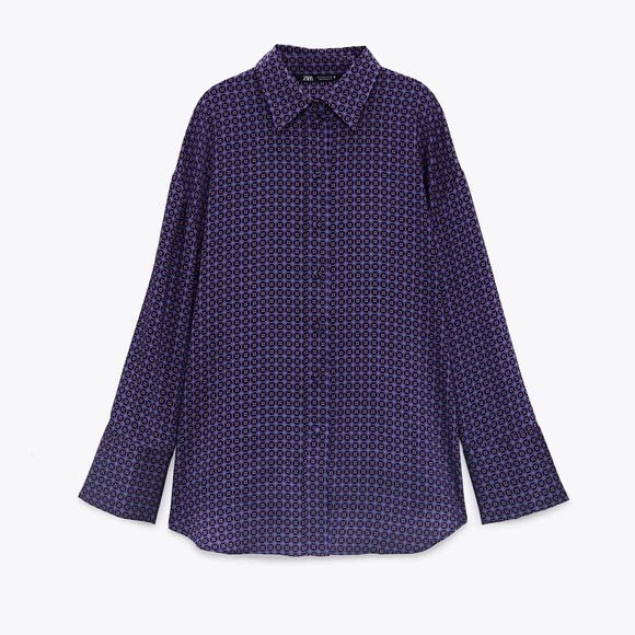NEW Zara Purple Geometric Print Long Sleeve Shirt Satin Button Down Patterned - Picture 3 of 5